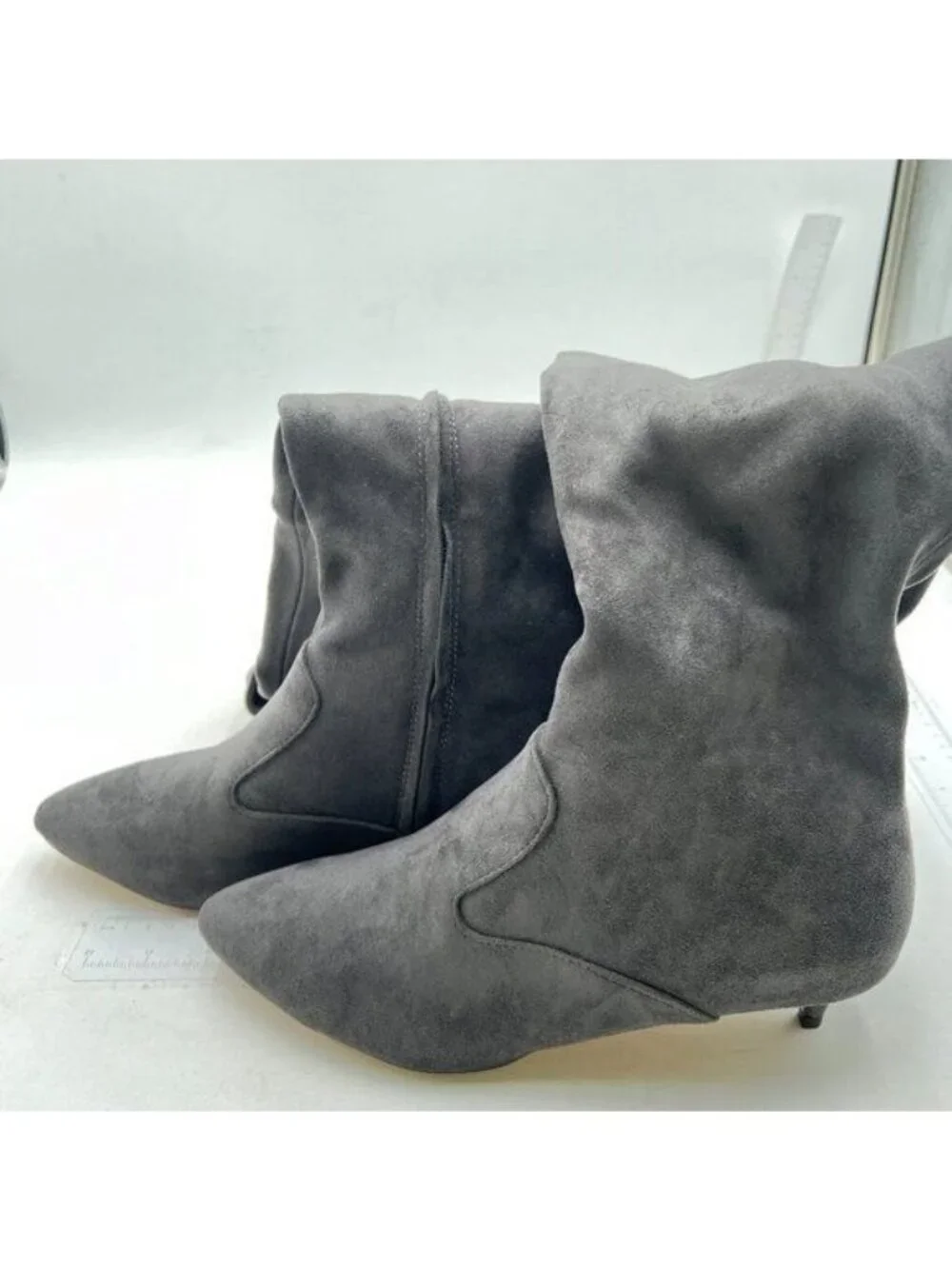 YDN Women Pointed Toe Over The Knee High Stilettos Kitten Mid Heel Grey Suede